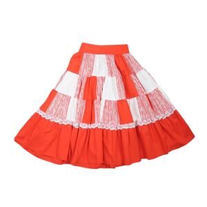 Vintage 70s red and white check print full midi square dance skirt S